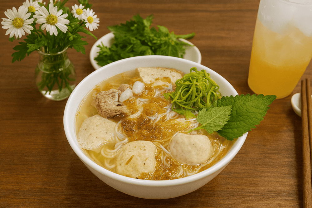 Bun Moc Kim Son is a light yet flavorful dish, featuring a clear savory broth, tender juicy pork balls, and fresh, chewy rice noodles